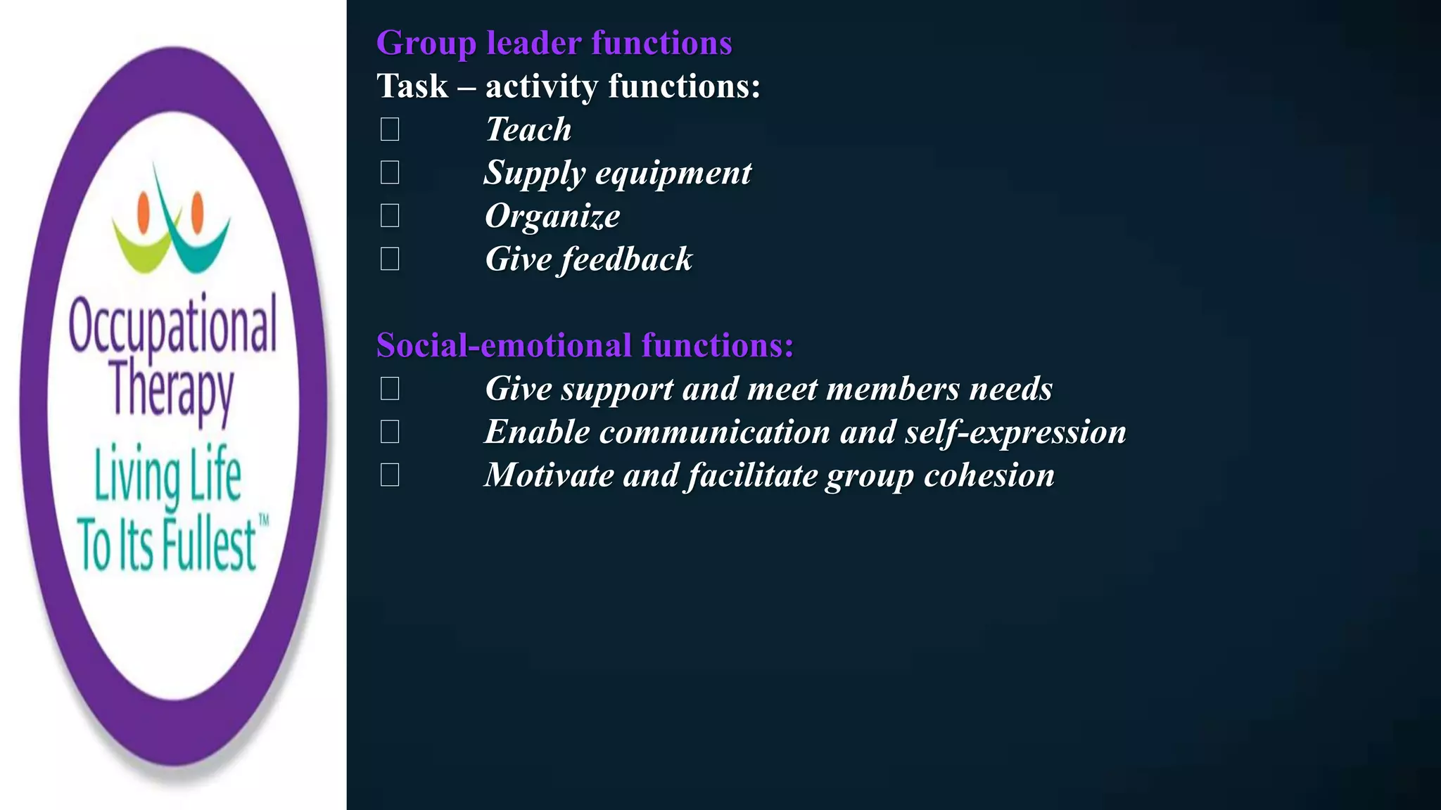Group leader functions
Task – activity functions:
Teach
Supply equipment
Organize
Give feedback
Social-emotional functions:
Give support and meet members needs
Enable communication and self-expression
Motivate and facilitate group cohesion
 