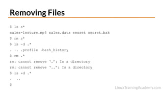 $ ls s*
sales-lecture.mp3 sales.data secret secret.bak
$ rm s*
$ ls -d .*
. .. .profile .bash_history
$ rm .*
rm: cannot remove ‘.’: Is a directory
rm: cannot remove ‘..’: Is a directory
$ ls -d .*
. ..
$
Removing Files
 