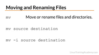 Moving and Renaming Files
mv Move or rename files and directories.
mv source destination
mv -i source destination
 