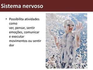Sistema nervoso
• Possibilita atividades
como
ver, pensar, sentir
emoções, comunicar
e executar
movimentos ou sentir
dor