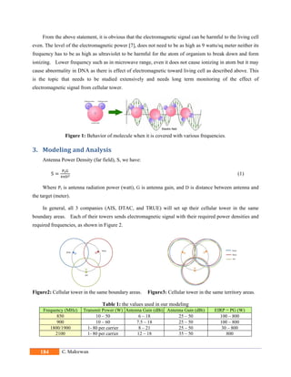 184 C. Maleewan
From the above statement, it is obvious that the electromagnetic signal can be harmful to the living cell
even. The level of the electromagnetic power [7], does not need to be as high as 9 watts/sq meter neither its
frequency has to be as high as ultraviolet to be harmful for the atom of organism to break down and form
ionizing. Lower frequency such as in microwave range, even it does not cause ionizing in atom but it may
cause abnormality in DNA as there is effect of electromagnetic toward living cell as described above. This
is the topic that needs to be studied extensively and needs long term monitoring of the effect of
electromagnetic signal from cellular tower.
Figure 1: Behavior of molecule when it is covered with various frequencies.
3. Modeling	and	Analysis	
Antenna Power Density (far field), S, we have:
S (1)
Where Pt is antenna radiation power (watt), G is antenna gain, and D is distance between antenna and
the target (meter).
In general, all 3 companies (AIS, DTAC, and TRUE) will set up their cellular tower in the same
boundary areas. Each of their towers sends electromagnetic signal with their required power densities and
required frequencies, as shown in Figure 2.
Figure2: Cellular tower in the same boundary areas. Figure3: Cellular tower in the same territory areas.
Table 1: the values used in our modeling
Frequency (MHz) Transmit Power (W) Antenna Gain (dBi) Antenna Gain (dBi) EIRP = PG (W)
850 10 – 50 6 – 18 25 – 50 100 – 800
900 10 – 60 7.5 – 18 25 – 50 100 – 800
1800/1900 1- 80 per carrier 8 – 21 25 – 50 30 – 800
2100 1- 80 per carrier 12 – 18 35 – 50 800
 
