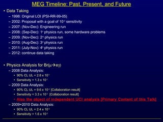 MEG Timeline: Past, Present, and Future
• Data Taking
– 1998: Original LOI (PSI-RR-99-05)
– 2002: Proposal with a goal of 10-13
sensitivity
– 2007: (Nov-Dec): Engineering run
– 2008: (Sep-Dec): 1st
physics run, some hardware problems
– 2009: (Nov-Dec): 2nd
physics run
– 2010: (Aug-Dec): 3rd
physics run
– 2011: (July-Nov): 4th
physics run
– 2012: continue data taking
• Physics Analysis for Br(µeγ)
– 2008 Data Analysis:
• 90% CL UL = 2.8 x 10-11
• Sensitivity = 1.3 x 10-11
– 2009 Data Analysis:
• 90% CL UL = 9.6 x 10-12
[Collaboration result]
• Sensitivity = 3.3 x 10-12
[Collaboration result]
• Also the object of independent UCI analysis [Primary Content of this Talk]
– 2009+2010 Data Analysis:
• 90% CL UL = 2.4 x 10-12
• Sensitivity = 1.6 x 10-12
 