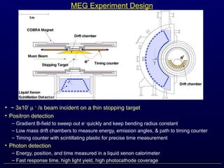 MEG Experiment Design
• ~ 3x107
µ ＋
/s beam incident on a thin stopping target
• Positron detection
– Gradient B-field to sweep out e+
quickly and keep bending radius constant
– Low mass drift chambers to measure energy, emission angles, & path to timing counter
– Timing counter with scintillating plastic for precise time measurement
• Photon detection
– Energy, position, and time measured in a liquid xenon calorimeter
– Fast response time, high light yield, high photocathode coverage
 