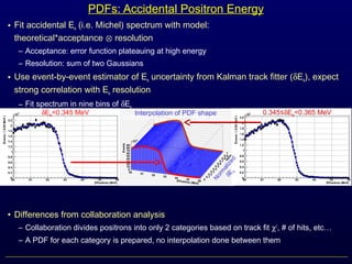 • Fit accidental Ee (i.e. Michel) spectrum with model:
theoretical*acceptance ⊗ resolution
– Acceptance: error function plateauing at high energy
– Resolution: sum of two Gaussians
• Use event-by-event estimator of Ee uncertainty from Kalman track fitter (δEe), expect
strong correlation with Ee resolution
– Fit spectrum in nine bins of δEe
– Interpolate between bins by deforming shape of PDF from one bin to next
• Differences from collaboration analysis
– Collaboration divides positrons into only 2 categories based on track fit χ2
, # of hits, etc…
– A PDF for each category is prepared, no interpolation done between them
PDFs: Accidental Positron Energy
δEe<0.345 MeV 0.345≤δEe<0.365 MeVInterpolation of PDF shape
Norm
alized
δE
e
 