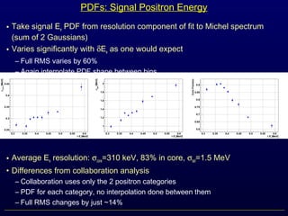 PDFs: Signal Positron Energy
• Take signal Ee PDF from resolution component of fit to Michel spectrum
(sum of 2 Gaussians)
• Varies significantly with δEe as one would expect
– Full RMS varies by 60%
– Again interpolate PDF shape between bins
• Average Ee resolution: σcore=310 keV, 83% in core, σtail=1.5 MeV
• Differences from collaboration analysis
– Collaboration uses only the 2 positron categories
– PDF for each category, no interpolation done between them
– Full RMS changes by just ~14%
 