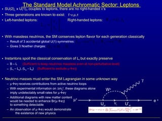 The Standard Model Achromatic Sector: Leptons
• SU(2)L x U(1)Y couples to leptons, there are no right-handed ν’s
• Three generations are known to exist: f=e,µ,τ
• Left-handed leptons: Right-handed leptons:
• With massless neutrinos, the SM conserves lepton flavor for each generation classically
– Result of 3 accidental global U(1) symmetries:
– Gives 3 Noether charges:
• Instantons spoil the classical conservation of Lf but exactly preserve
– B – L (Sufficient to keep neutrinos massless even at non-perturbative level)
– (Lτ – Le), (Lµ – Le) (Sufficient to exclude µeγ)
• Neutrino masses must enter the SM Lagrangian in some unknown way
– µeγ receives contributions from active neutrino loops
– With experimental information on ∆mij
2
, these diagrams alone
imply undetectably small rates for µeγ
– Additional diagrams with new matter content
would be needed to enhance Br(µeγ)
to something detectable
– An observation of µeγ would demonstrate
the existence of new physics
Lf
f
f
l 





=
ν
L
Rff l )(R =
ff
f
LeL
-iq
→ ff
f
ReR
-iq
→
fff N-NQ =
µ±
e ±
γ
W±
νiUµi U*
ei
 