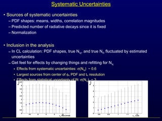Systematic Uncertainties
• Sources of systematic uncertainties
– PDF shapes: means, widths, correlation magnitudes
– Predicted number of radiative decays since it is fixed
– Normalization
• Inclusion in the analysis
– In CL calculation: PDF shapes, true NSig, and true NRD fluctuated by estimated
uncertainties
– Get feel for effects by changing things and refitting for Nsig
• Effects from systematic uncertainties: σ(NSig) ~ 0.6
• Largest sources from center of φeγ PDF and teγ resolution
• Effects from statistical uncertainty of fit: σ(NSig) ~ 3
 