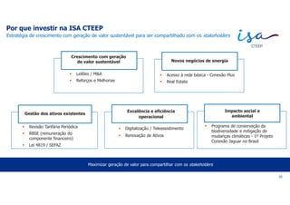 Por que investir na ISA CTEEP
10
Gestão dos ativos existentes
 Revisão Tarifária Periódica
 RBSE (remuneração do
componente financeiro)
 Lei 4819 / SEFAZ
 Acesso à rede básica - Conexão Plus
 Real Estate
 Programa de conservação da
biodiversidade e mitigação de
mudanças climáticas - 1º Projeto
Conexão Jaguar no Brasil
 Digitalização / Teleassistimento
 Renovação de Ativos
Excelência e eficiência
operacional
Novos negócios de energia
Impacto social e
ambiental
Maximizar geração de valor para compartilhar com os stakeholders
Crescimento com geração
de valor sustentável
 Leilões / M&A
 Reforços e Melhorias
Estratégia de crescimento com geração de valor sustentável para ser compartilhado com os stakeholders
 