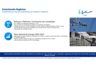 Crescimento Orgânico
Crescimento por meio de investimentos em reforços e melhorias¹
5
Oportunidade de geração de valor sustentável com projetos que irão contribuir para a expansão e segurança do sistema de transmissão de energia
elétrica do Brasil
Reforços e Melhorias: Crescimento sem competição
R$ 7 milhões de investimentos realizados no 1T20
Risco de atraso na energização dos projetos em decorrência da pandemia
Investimento médio de ~R$ 180 milhões/ano com RAP média de ~R$50 milhões/ano (últimos 5 anos)
~R$ 500 milhões já autorizados pela ANEEL para execução da ISA CTEEP nos próximos anos
Oportunidade de renovação de ativos
Plano Decenal de Energia (PDE) 2029
Oportunidade de ~R$ 70 bilhões de investimento em reforços e melhorias previstos até 2029 e ~R$38 bilhões
em projetos greenfield
Estavam previstos 2 leilões em 2020 com investimentos estimados em R$ 11 bilhões
Leilão previsto para meados de 2020 foi postergado.
¹ Reforços e melhorias consistem na prestação de serviço adicional de transmissão por meio de novas instalações e investimentos para garantir a prestação adequada de serviço.
 