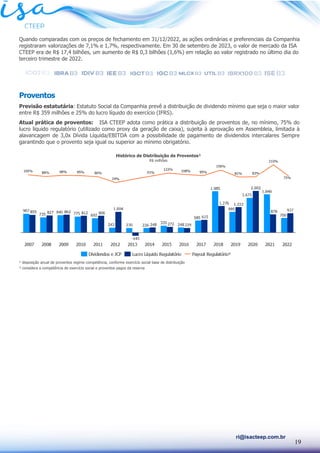 19
ri@isacteep.com.br
Quando comparadas com os preços de fechamento em 31/12/2022, as ações ordinárias e preferenciais da Companhia
registraram valorizações de 7,1% e 1,7%, respectivamente. Em 30 de setembro de 2023, o valor de mercado da ISA
CTEEP era de R$ 17,4 bilhões, um aumento de R$ 0,3 bilhões (1,6%) em relação ao valor registrado no último dia do
terceiro trimestre de 2022.
Proventos
Previsão estatutária: Estatuto Social da Companhia prevê a distribuição de dividendo mínimo que seja o maior valor
entre R$ 359 milhões e 25% do lucro líquido do exercício (IFRS).
Atual prática de proventos: ISA CTEEP adota como prática a distribuição de proventos de, no mínimo, 75% do
lucro líquido regulatório (utilizado como proxy da geração de caixa), sujeita à aprovação em Assembleia, limitada à
alavancagem de 3,0x Dívida Líquida/EBITDA com a possibilidade de pagamento de dividendos intercalares Sempre
garantindo que o provento seja igual ou superior ao mínimo obrigatório.
¹ disposição anual de proventos regime competência, conforme exercício social base de distribuição
² considera a competência de exercício social e proventos pagos da reserva
Histórico de Distribuição de Proventos¹
R$ milhões
 