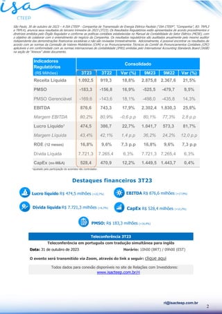 2
ri@isacteep.com.br
São Paulo, 30 de outubro de 2023 – A ISA CTEEP - Companhia de Transmissão de Energia Elétrica Paulista (“ISA CTEEP”, “Companhia”, B3: TRPL3
e TRPL4), anuncia seus resultados do terceiro trimestre de 2023 (3T23). Os Resultados Regulatórios estão apresentados de acordo procedimentos e
diretrizes emitidos pelo Órgão Regulador e conforme as políticas contábeis estabelecidas no Manual de Contabilidade do Setor Elétrico (MCSE), com
o objetivo de colaborar com o entendimento do negócio da Companhia. Os resultados regulatórios são auditados anualmente pelo mesmo auditor
independente das demonstrações financeiras societárias e não são revisadas trimestralmente. Adicionalmente, é possível encontrar os resultados de
acordo com as normas da Comissão de Valores Mobiliários (CVM) e os Pronunciamentos Técnicos do Comitê de Pronunciamentos Contábeis (CPC)
aplicáveis e em conformidade com as normas internacionais de contabilidade (IFRS) emitidas pelo International Accounting Standards Board (IASB)
na seção de “Anexos” deste documento.
¹ajustado pela participação do acionista não controlador.
Teleconferência 3T23
Teleconferência em português com tradução simultânea para inglês
Data: 31 de outubro de 2023 Horário: 10h00 (BRT) / 09h00 (EST)
O evento será transmitido via Zoom, através do link a seguir: clique aqui
Todos dados para conexão disponíveis no site de Relações com Investidores:
www.isacteep.com.br/ri
EBITDA R$ 876,6 milhões (+17,9%)
CapEx R$ 528,4 milhões (+12,2%)
Lucro líquido R$ 474,5 milhões (+22,7%)
Dívida líquida R$ 7.721,3 milhões (+6,3%)
PMSO: R$ 183,3 milhões (+16,9%)
Destaques financeiros 3T23
Indicadores
Regulatórios
(R$ Milhões) 3T23 3T22 Var (%) 9M23 9M22 Var (%)
Receita Líquida 1.092,5 919,3 18,8% 2.875,8 2.367,6 21,5%
PMSO -183,3 -156,8 16,9% -525,5 -479,7 9,5%
PMSO Gerenciável -169,6 -143,6 18,1% -498,0 -435,8 14,3%
EBITDA 876,6 743,3 17,9% 2.302,4 1.830,3 25,8%
Margem EBITDA 80,2% 80,9% -0,6 p.p 80,1% 77,3% 2,8 p.p
Lucro Líquido¹ 474,5 386,7 22,7% 1.041,7 573,3 81,7%
Margem Líquida 43,4% 42,1% 1,4 p.p 36,2% 24,2% 12,0 p.p
ROE (12 meses) 16,8% 9,6% 7,3 p.p 16,8% 9,6% 7,3 p.p
Dívida Líquida 7.721,3 7.265,4 6,3% 7.721,3 7.265,4 6,3%
CapEx (ex-M&A) 528,4 470,9 12,2% 1.449,5 1.443,7 0,4%
Consolidado
 