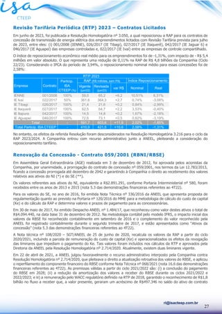 27
ri@isacteep.com.br
Revisão Tarifária Periódica (RTP) 2023 – Contratos Licitados
Em junho de 2023, foi publicada a Resolução Homologatória nº 3.050, a qual reposicionou a RAP para os contratos de
concessão de transmissão de energia elétrica dos empreendimentos licitados com Revisão Tarifária prevista para julho
de 2023, entre eles: (i) 001/2008 (IENNE), 026/2017 (IE Tibagi), 027/2017 (IE Itaquerê), 042/2017 (IE Jaguar 6) e
046/2017 (IE Aguapeí) das empresas controladas e, 022/2017 (IE Ivaí) entre as empresas de controle compartilhado.
O índice de reposicionamento econômico real médio para os empreendimentos foi de -1,31%, com impacto de - R$ 5,4
milhões em valor absoluto. O que representa uma redução de 0,11% na RAP de R$ 4,8 bilhões da Companhia (Ciclo
22/23). Considerando o IPCA do período de 3,94%, o reposicionamento nominal médio para essas concessões foi de
2,58%:
No entanto, os efeitos da referida Resolução foram desconsiderados na Resolução Homologatória 3.216 para o ciclo da
RAP 2023/2024. A Companhia entrou com recurso administrativo junto a ANEEL, pleiteando a consideração do
reposicionamento tarifário.
Renovação da Concessão - Contrato 059/2001 (RBNI/RBSE)
Em Assembleia Geral Extraordinária (AGE) realizada em 3 de dezembro de 2012, foi aprovada pelos acionistas da
Companhia, por unanimidade, a prorrogação do contrato de concessão nº 059/2001, nos termos da Lei 12.783/2013,
ficando a concessão prorrogada até dezembro de 2042 e garantindo à Companhia o direito ao recebimento dos valores
relativos aos ativos do NI (*) e do SE (**).
Os valores referentes aos ativos do NI, equivalente a R$2.891.291, conforme Portaria Interministerial nº 580, foram
recebidos entre os anos de 2013 e 2015 (nota 5.3 das demonstrações financeiras referentes ao 4T22).
Para os valores do SE, no ano de 2016, foi emitida Nota Técnica nº 336/2016 da ANEEL que apresenta proposta de
regulamentação quanto ao previsto na Portaria nº 120/2016 do MME para a metodologia de cálculo do custo de capital
(Ke) e do cálculo da RAP e determina valores e prazos de pagamento para as concessionárias.
Em 30 de maio de 2017, foi emitido Despacho ANEEL nº 1.484/17, que reconheceu como valor destes ativos o total de
R$4.094.440, na data base 31 de dezembro de 2012. Na metodologia contábil pelo modelo IFRS, o impacto inicial dos
valores da RBSE foi reconhecido contabilmente em setembro de 2016 e o complemento do valor reconhecido pela
ANEEL foi registrado contabilmente durante o segundo trimestre de 2017, e estão apresentados como “Ativos da
concessão” (nota 5.3 das demonstrações financeiras referentes ao 4T22).
A Nota técnica nº 108/2020 – SGT/ANEEL de 25 de junho de 2020, recalcula os valores da RAP a partir do ciclo
2020/2021, incluindo a parcela de remuneração do custo de capital (Ke) e operacionalizados os efeitos da revogação
das liminares que impediam o pagamento do Ke. Tais valores foram incluídos nos cálculos da RTP e aprovados pela
Diretoria da ANEEL pela Resolução Homologatória nº 2.714/2020. Atualmente, existem duas liminares vigente.
Em 22 de abril de 2021, a ANEEL julgou favoravelmente o recurso administrativo interposto pela Companhia contra
Resolução Homologatória nº 2.714/2020, que pleiteava o direito a atualização retroativa dos valores do RBSE, e aplicou
o reperfilamento do componente financeiro do RBSE conforme Nota Técnica nº 068/2021 (nota 16.6 das demonstrações
financeiras referentes ao 4T22). As premissas válidas a partir do ciclo 2021/2022 são: (i) a conclusão do pagamento
do RBSE em 2028; (ii) a redução da amortização dos valores a receber do RBSE durante os ciclos 2021/2022 e
2022/2023; e iii) a remuneração pelo WACC regulatório definido na RTP de 2018, garantido o reconhecimento de R$1,8
bilhão no fluxo a receber que, a valor presente, geraram um acréscimo de R$497.346 no saldo do ativo de contrato
Vigente
(jun/22)
Revisada
(jun/23)
var R$ Nominal Real
IENNE 001/2008 100% 59,0 65,2 +6,2 10,51% 6,31%
IE Ivaí 022/2017 50% 361,6 364,3 +2,7 0,74% -3,08%
IE Tibagi 026/2017 100% 21,4 21,6 +0,2 0,84% -2,99%
IE Itaquerê 027/2017 100% 62,5 64,7 +2,2 3,53% -0,40%
IE Itapura 042/2017 100% 14,5 14,8 +0,2 1,67% -2,18%
IE Aguapeí 046/2017 100% 72,6 73,1 +0,5 0,62% -3,19%
- 591,7 603,6 +11,9 2,02% -1,85%
- 410,9 421,5 +10,6 2,58% -1,31%
Total
Total Particip. ISA CTEEP
RTP 2023
Empresa Contrato
Particip.
ISA
CTEEP (%)
RAP (R$ milhões, sem PA) Índice Reposicionamento
 