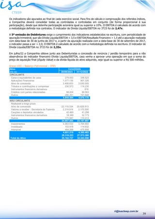 39
ri@isacteep.com.br
Os indicadores são apurados ao final de cada exercício social. Para fins de cálculo e comprovação dos referidos índices,
a Companhia deverá consolidar todas as controladas e controladas em conjunto (de forma proporcional à sua
participação), desde que detenha participação acionária igual ou superior a 10%. O EBITDA é calculado de acordo com
a metodologia definida nos contratos. O indicador de Dívida Líquida/EBITDA no 3T23 foi de 2,47x.
A 5ª emissão de Debêntures exige o cumprimento dos indicadores estabelecidos na escritura, com periodicidade de
apuração trimestral, que são Dívida Liquida/EBITDA < 3,5 e EBITDA/Resultado Financeiro > 1,5 até a apuração realizada
com data-base de 30 de junho de 2017 e, a partir da apuração realizada com a data-base de 30 de setembro de 2017,
o indicador passa a ser > 2,0, O EBITDA é calculado de acordo com a metodologia definida na escritura. O indicador de
Dívida Líquida/EBITDA no 3T23 foi de 2,35x.
Em julho/22 a Companhia obteve junto aos Debenturistas a concessão de renúncia / perdão temporário para a não
observância do indicador financeiro Dívida Liquida/EBITDA, caso venha a aprovar uma operação em que a soma do
preço de aquisição final (Equity Value) e da dívida líquida do ativo adquirido, seja igual ou superior a R$ 500 milhões.
Anexo VIII – Balanço Patrimonial – IFRS
Ativo
(R$ mil) 30/09/2023 31/12/2022
CIRCULANTE
Caixa e equivalentes de caixa 279.053 336.523
Aplicações Financeiras 1.577.130 907.326
Ativo de concessão 3.408.653 3.030.059
Tributos e contribuições a compensar 230.573 114.235
Instrumentos financeiros derivativos - 816
Créditos com partes relacionadas 68.834 89.563
Outros 280.261 191.648
5.844.504 4.670.170
NÃO CIRCULANTE
Realizável a longo prazo
Ativo de concessão 22.119.334 20.828.913
Valores a receber - Secretaria da Fazenda 2.314.914 2.175.500
Cauções e depósitos vinculados 42.460 41.298
Instrumentos financeiros derivativos 18.349 32.173
Outros 171.947 110.013
24.667.004 23.187.897
Investimentos 4.083.033 3.794.693
Imobilizado 103.918 114.932
Intangível 464.268 475.858
4.651.219 4.385.483
29.318.223 27.573.380
Total do Ativo 35.162.727 32.243.550
Consolidado
 