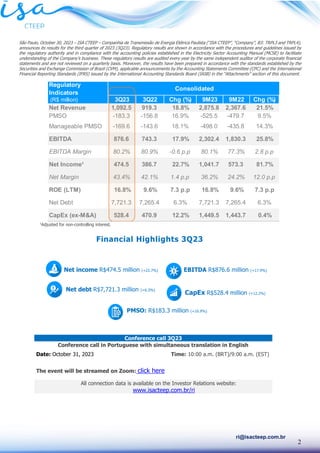 2
ri@isacteep.com.br
São Paulo, October 30, 2023 – ISA CTEEP – Companhia de Transmissão de Energia Elétrica Paulista (“ISA CTEEP”, “Company”, B3: TRPL3 and TRPL4),
announces its results for the third quarter of 2023 (3Q23). Regulatory results are shown in accordance with the procedures and guidelines issued by
the regulatory authority and in compliance with the accounting policies established in the Electricity Sector Accounting Manual (MCSE) to facilitate
understanding of the Company’s business. These regulatory results are audited every year by the same independent auditor of the corporate financial
statements and are not reviewed on a quarterly basis. Moreover, the results have been prepared in accordance with the standards established by the
Securities and Exchange Commission of Brazil (CVM), applicable announcements by the Accounting Statements Committee (CPC) and the International
Financial Reporting Standards (IFRS) issued by the International Accounting Standards Board (IASB) in the “Attachments” section of this document.
1
Adjusted for non-controlling interest.
Conference call 3Q23
Conference call in Portuguese with simultaneous translation in English
Date: October 31, 2023 Time: 10:00 a.m. (BRT)/9:00 a.m. (EST)
The event will be streamed on Zoom: click here
All connection data is available on the Investor Relations website:
www.isacteep.com.br/ri
Regulatory
Indicators
(R$ million) 3Q23 3Q22 Chg (%) 9M23 9M22 Chg (%)
Net Revenue 1,092.5 919.3 18.8% 2,875.8 2,367.6 21.5%
PMSO -183.3 -156.8 16.9% -525.5 -479.7 9.5%
Manageable PMSO -169.6 -143.6 18.1% -498.0 -435.8 14.3%
EBITDA 876.6 743.3 17.9% 2,302.4 1,830.3 25.8%
EBITDA Margin 80.2% 80.9% -0.6 p.p 80.1% 77.3% 2.8 p.p
Net Income¹ 474.5 386.7 22.7% 1,041.7 573.3 81.7%
Net Margin 43.4% 42.1% 1.4 p.p 36.2% 24.2% 12.0 p.p
ROE (LTM) 16.8% 9.6% 7.3 p.p 16.8% 9.6% 7.3 p.p
Net Debt 7,721.3 7,265.4 6.3% 7,721.3 7,265.4 6.3%
CapEx (ex-M&A) 528.4 470.9 12.2% 1,449.5 1,443.7 0.4%
Consolidated
EBITDA R$876.6 million (+17.9%)
CapEx R$528.4 million (+12.2%)
Net income R$474.5 million (+22.7%)
Net debt R$7,721.3 million (+6.3%)
PMSO: R$183.3 million (+16.9%)
Financial Highlights 3Q23
 