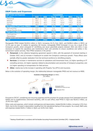 9
ri@isacteep.com.br
O&M Costs and Expenses
Manageable PMSO totaled R$169.6 million in 3Q23, increasing 18.1% from 3Q22, and R$498.0 million in 9M23, up
14.3% year on year. In relation to operating net income, manageable PMSO increased 1.5 p.p. As a result of the
Company’s growth, which energized 67 retrofitting and seven greenfield projects between 2022 and 2023, it was
necessary to expand the operations and maintenance team and activities to ensure excellence and safety in the
transmission system services. Main PMSO variations in the period:
▼ Personnel: (i) the collective bargaining agreement signed in 2022, with the payment of increment starting in
October 2022; and (ii) increase in headcount to sustain the Company’s continuous growth. These effects were
partially offset by greater dedication from the technical workforce to retrofitting projects.
▼ Services: (i) increase in maintenance services at substations and transmission lines; (ii) higher spending on IT
consulting services; (iii) higher expenses related to documentation and ownership of Company’s properties; and
(iv) higher spending on transportation for field services.
▼ Other: mainly due to the increase in spending with Property Tax (IPTU) and insurance.
Below is the evolution of operating margin, the relationship between manageable PMSO and net revenue ex-RBSE.
Pursuant to CPC332
, considering non-recurring expenses and the provision for private pension fund (estimated actuarial
liability due to supplementary retirement benefits), with no cash effect, total PMSO in 3Q23 was R$183.3 million, up
16.9% from 3Q22.
Other costs and expenses, which include contingencies and depreciation, totaled R$168.4 million, increasing 3.4% from
3Q22, due to the increase in depreciation resulting from the operational startup of new projects. As a result, O&M costs
and expenses totaled R$351.7 million in 3Q23, up 10.0% from 3Q22.
2
Booking of benefit plans in accordance with the Brazilian Accounting Pronouncements Committee (CPC) – Employee benefits
O&M Costs and Expenses
(R$ million) 3Q23 3Q22 Chg (%) 9M23 9M22 Chg (%)
Personnel -96.3 -80.5 19.7% -279.1 -246.8 13.1%
Material -6.0 -5.4 10.2% -17.1 -15.2 12.4%
Services -47.6 -42.7 11.5% -133.9 -115.3 16.2%
Others -19.7 -15.0 31.5% -67.9 -58.5 16.1%
Manageable Fixed Costs (PMSO) -169.6 -143.6 18.1% -498.0 -435.8 14.3%
Non-recurring -7.7 2.6 n.a -9.7 3.2 n.a
Private Pension Entity -5.9 -15.7 -62.2% -17.8 -47.2 -62.2%
Fixed Costs (PMSO) -183.3 -156.8 16.9% -525.5 -479.7 9.5%
Contingences 0.5 1.3 -60.2% -0.3 0.5 n.a
Depreciation -168.9 -164.2 2.9% -498.2 -458.2 8.7%
Other costs and expenses -168.4 -162.9 3.4% -498.5 -457.7 8.9%
Total -351.7 -319.6 10.0% -1,024.0 -937.5 9.2%
Consolidated
Evolution of Operating Margin (Ex-RBSE)
(R$ million)
 
