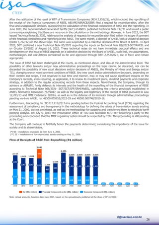 28
ri@isacteep.com.br
After the ratification of the result of RTP of Transmission Companies (REH 2,851/21), which included the reprofiling of
the receipt of the financial component of RBSE, ABIAPE/ABRACE/ESBR filed a request for reconsideration, after the
final and unappealable decision, questioning the calculation of the financial component of RBSE and the reprofiling. In
June 2021, the Superintendent General of Tariffs (SGT) of ANEEL published Technical Note 117/21 and issued a public
communique explaining that there are no errors in the calculation or the methodology. However, in June 2022, the SGT
issued Technical Note 85/2022, relating to the analysis of requests for reconsideration filed within the scope of payment
of the financial component and reprofiling of the RBSE. The same month, a director of ANEEL took a unilateral decision
(Order 1,762/22) on the above topic. The same was suspended by a collective decision of the Board of ANEEL. In April
2023, SGT published a new Technical Note 85/2023 regarding the inputs on Technical Note 85/2023-SGT/ANEEL and
on Circular 23/2022 of August 16, 2022. These technical notes do not have immediate practical effects and any
development on the issue of RBSE depends on a collective decision by the Board of ANEEL, such that, the assumptions,
methodologies and calculations considered so far and approved through REH 2,851/2021, are in force and remain
appropriate.
The issue of RBSE has been challenged at the courts, as mentioned above, and also at the administrative level. The
possibility of other lawsuits and/or new administrative proceedings on the topic cannot be discarded, nor can be
discarded the possibility of new court decisions and/or decisions of ANEEL, the Ministry of Mines and Energy and/or
TCU, changing one or more payment conditions of RBSE. Any new court and/or administrative decisions, depending on
their content and scope, if not reversed in due time and manner, may or may not cause significant impacts on the
Company’s receipts, even requiring, as applicable, it to review its investment plans, dividend payments and corporate
strategy, in addition to the regular accounting records from these impacts. Nevertheless, the Company, through its
advisors or ABRATE, firmly defends its interests and the health of the reprofiling of the financial component of RBSE
according to Technical Note 068/2021- SGT/SCT/SFF/SRM/ANEEL, upholding the criteria previously established in
ANEEL Normative Resolution 762/2017, as well as the legality and legitimacy of the receipt of RBSE pursuant to Law
12,783/13 and MME Ordinance 120/16, as well as in the defense of its interests through administrative proceedings
pending vis-à-vis ANEEL no. 48500.005952/2022-29 and 48500.000748/2019-16.
Furthermore, Proceeding No. TC 012.715/2017-4 is pending before the Federal Accounting Court (TCU) regarding the
assessment of compliance and transparency in the methodology for defining the values of transmission assets existing
on May 31, 2000, but not amortized, as well as the methodology for updating and transferring them to electricity tariff
pending analysis. On July 5, 2023, the Prosecution Office of TCU was favorable to CTEEP becoming a party to the
proceeding and concluded that the MME regulatory option should be respected by TCU. This proceeding is still pending
at the Court.
The Company will continue to faithfully honor the payments determined, considering the importance of the issue for
society and its shareholders.
(*) NI – installations energized as from June 1, 2000.
(**) SE – installations of non-depreciated assets existing on May 31, 2000.
Flow of Receipts of RBSE Post-Reprofiling (R$ million)
Note: Actual amounts, baseline date June 2023, based on the spreadsheets published at the close of CP 22/2020.
 