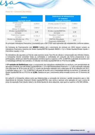 42
ri@isacteep.com.br
Anexo VII – Covenants (R$ milhões)
Os principais indicadores financeiros (covenants) que a ISA CTEEP está submetida são estabelecidos conforme abaixo:
Os Contratos de financiamento com BNDES (válidos até o vencimento do contrato em 2041) devem cumprir os
indicadores financeiros máximos de Dívida Líquida/EBITDA Ajustado BNDES ≤ 3,0 e Dívida Líquida/(Dívida Líquida +
Patrimônio Líquido) ≤ 0,6.
Os indicadores são apurados ao final de cada exercício social. Para fins de cálculo e comprovação dos referidos índices,
a Companhia deverá consolidar todas as controladas e controladas em conjunto (de forma proporcional à sua
participação), desde que detenha participação acionária igual ou superior a 10%. O EBITDA é calculado de acordo com
a metodologia definida nos contratos. O indicador de Dívida Líquida/EBITDA no 4T23 foi de 2,39x.
A 5ª emissão de Debêntures exige o cumprimento dos indicadores estabelecidos na escritura, com periodicidade de
apuração trimestral, que são Dívida Liquida/EBITDA < 3,5 e EBITDA/Resultado Financeiro > 1,5 até a apuração realizada
com data-base de 30 de junho de 2017 e, a partir da apuração realizada com a data-base de 30 de setembro de 2017,
o indicador passa a ser > 2,0. O EBITDA é calculado de acordo com a metodologia definida na escritura. O indicador de
Dívida Líquida/EBITDA no 4T23 foi de 2,30x. Destaca-se que o vencimento dessa emissão ocorreu em 15 fevereiro de
2024.
Em julho/22 a Companhia obteve junto aos Debenturistas a concessão de renúncia / perdão temporário para a não
observância do indicador financeiro Dívida Liquida/EBITDA, caso venha a aprovar uma operação em que a soma do
preço de aquisição final (Equity Value) e da dívida líquida do ativo adquirido, seja igual ou superior a R$ 500 milhões.
Dívida Líquida
31/12/23
9.265,8 Dívida Líquida 31/12/23 7.496,6
EBITDA
últimos 12 meses
3.880,9 EBITDA últimos 12 meses 3.264,0
Dívida Líquida/EBITDA
31/12/23
2,39
Dívida Líquida/EBITDA
31/12/23
2,30
Patrimônio Líquido
31/12/23
17.791,7
Resultado Financeiro
31/12/2021
821,6
Divida Liq./(Divida Liq. + PL)
31/12/23
0,34
EBITDA /Resultado
Financeiro 30/06/2022
3,97
(apuração anual)
Debêntures de Infraestrutura
(5ª emissão)
(apuração trimestral)
BNDES
 