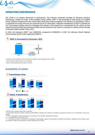 8
ri@isacteep.com.br
OPERATING PERFORMANCE
ISA CTEEP is an industry benchmark in performance. The Company constantly manages its operating indicators
meticulously, notably the Index of Non-Supplied Energy (IENS), which is the percentage of total energy not supplied
during incidents throughout the year versus total energy that would be supplied in the absence of interruptions, that is,
it represents the energy that was not consumed due to an interruption. Adequate management of IENS is important for
the Transmission business since the companies that operate in this segment are remunerated for the uptime of their
assets through Permitted Annual Revenue (RAP) and any downtime may result in a reduction in verified revenue through
a deduction called Variable Portion (PV).
In 2023, the Company’s IENS12
was 0.000419%, compared to 0.000363% in 2022. For reference, Brazil’s National
Interconnected System (SIN) registered 0.0089%³.
1
Reference index available in the performance indicators report published by the ONS.
2
Only the basic network assets are considered.
3
Data in the December/2023 report from SIN.
Availability of assets
*Only the basic network assets are considered
**The National Electricity System Operator (ONS)/ANEEL calculates the indicator for families of equipment, which is the combination of type and
voltage.
***The consolidated results presented are the average of the families subordinated to them.
**** Accumulated data until Dec/2023.
**** For better accuracy of indicators, the calculation methodology, instead of using SIGO to calculate the indicators, adopted by the Company used
the monthly results for transmission functions published by the ONS.
 