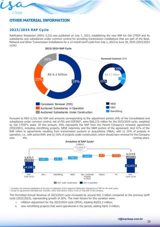 28
ri@isacteep.com.br
OTHER MATERIAL INFORMATION
2023/2024 RAP Cycle
Ratification Resolution (REH) 3,216 was published on July 7, 2023, establishing the new RAP for ISA CTEEP and its
subsidiaries and subsidiaries under common control for providing transmission installations that are part of the Basic
Network and Other Transmission Installations for a 12-month tariff cycle from July 1, 2023 to June 30, 2024 (2023/2024
cycle).
Pursuant to REH 3,216, the RAP and amounts corresponding to the adjustment portion (PA) of the Consolidated and
subsidiaries under common control, net of PIS and COFINS², were R$6,215 million for the 2023/2024 cycle, weighted
by ISA CTEEP’s stake. Of this amount, 59% represents the RAP from the Parent Company’s renewed agreement
(059/2001), including retrofitting projects, RBSE indemnity and the O&M portion of the agreement. And 41% of the
RAP refers to agreements resulting from transmission auctions or acquisitions (M&A), with (i) 25% of projects in
operation, i.e., with active RAP; and (ii) 16% of projects under construction, which should earn revenue for the Company
over the coming years.
¹ Considers the amounts established at the time of publication of the respective Ratification Resolutions of RAP for the tariff cycles.
² Except for agreements 020/2008 and 143/2001, which total R$38.2 million, 0.6% of Total RAP of the Company.
The Permitted Annual Revenue of 2023/2024 cycle increased by around R$1.3 billion compared to the previous tariff
cycle (2022/2023), representing growth of 28%. The main factors for this variation were:
i. inflation adjustment for the 2023/2024 cycle (IPCA), totaling R$203.2 million;
ii. new retrofitting projects that went operational in the period, adding R$41.3 million;
Evolution of RAP Cycle¹
(million)
2023/2024 RAP Cycle
Renewed Contract (059)
 
