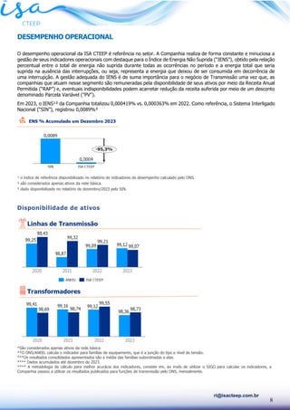 8
ri@isacteep.com.br
DESEMPENHO OPERACIONAL
O desempenho operacional da ISA CTEEP é referência no setor. A Companhia realiza de forma constante e minuciosa a
gestão de seus indicadores operacionais com destaque para o Índice de Energia Não Suprida (“IENS”), obtido pela relação
percentual entre o total de energia não suprida durante todas as ocorrências no período e a energia total que seria
suprida na ausência das interrupções, ou seja, representa a energia que deixou de ser consumida em decorrência de
uma interrupção. A gestão adequada do IENS é de suma importância para o negócio de Transmissão uma vez que, as
companhias que atuam nesse segmento são remuneradas pela disponibilidade de seus ativos por meio da Receita Anual
Permitida (“RAP”) e, eventuais indisponibilidades podem acarretar redução da receita auferida por meio de um desconto
denominado Parcela Variável ("PV").
Em 2023, o IENS¹² da Companhia totalizou 0,000419% vs. 0,000363% em 2022. Como referência, o Sistema Interligado
Nacional (“SIN”), registrou 0,0089%³
¹ o índice de referência disponibilizado no relatório de indicadores de desempenho calculado pelo ONS.
² são considerados apenas ativos da rede básica.
³ dado disponibilizado no relatório de dezembro/2023 pelo SIN.
Disponibilidade de ativos
*São considerados apenas ativos da rede básica
**O ONS/ANEEL calcula o indicador para famílias de equipamento, que é a junção do tipo e nível de tensão.
***Os resultados consolidados apresentados são a média das famílias subordinadas a elas.
**** Dados acumulados até dezembro de 2023.
**** A metodologia de cálculo para melhor acurácia dos indicadores, consiste em, ao invés de utilizar o SIGO para calcular os indicadores, a
Companhia passou a utilizar os resultados publicados para funções de transmissão pelo ONS, mensalmente.
 