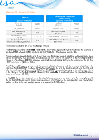 42
ri@isacteep.com.br
Attachment VII - Covenants (R$ million)
The main covenants that ISA CTEEP must comply with are:
The financing agreements with BNDES (valid until the expiry of the agreement in 2041) must meet the covenants of
Net Debt/BNDES Adjusted EBITDA ≤ 3.0 and Net Debt/(Net Debt + Shareholders’ Equity) ≤ 0.6.
The covenants are calculated at the end of each fiscal year. For the purposes of calculating and substantiating these
indices, the Company must consolidate all subsidiaries and joint ventures (in proportion to its interest) provided its
interest is 10% or higher. EBITDA is calculated according to the methodology defined in the agreements. The Net Debt
/ EBITDA indicator in 4Q23 was 2.39x.
The 5th
issue of Debentures must meet the quarterly calculation frequency and the covenants established in the
indenture: Net Debt/EBITDA < 3.5 and EBITDA/Financial Result > 1.5 until the baseline date of June 30, 2017 and,
after the baseline date of September 30, 2017, it is > 2.0. EBITDA is calculated according to the methodology defined
in the indenture. The Net Debt / EBITDA indicator in 4Q23 was 2.30x. It is noteworthy that the maturity of this issue
occurred on February 15, 2024.
In July 2022, the Company obtained from its Debentureholders a permanent / temporary waiver for noncompliance with
the Net Debt/EBITDA covenant if it approves an operation in which the sum of the final acquisition price (Equity Value)
and the net debt of the asset acquired is equal to or greater than R$500 million.
Net Debt
12/31/23
9,265.8
Net Debt
12/31/23
7,496.6
EBITDA LTM 3,880.9 EBITDA LTM 3,264.0
Net Debt/EBITDA
12/31/23
2.39
Net Debt/EBITDA
12/31/23
2.30
Shareholders' Equity
12/31/23
17,791.7 Financial Result 12/31/2022 821.6
Net Debt/(Net Debt +
Shareholders' Equity) 12/31/23
0.34
EBITDA/Financial Result
12/31/2022
3.97
(annual verification)
BNDES
Infrastructure Debentures
(5th issuance)
(quarterly verification)
 