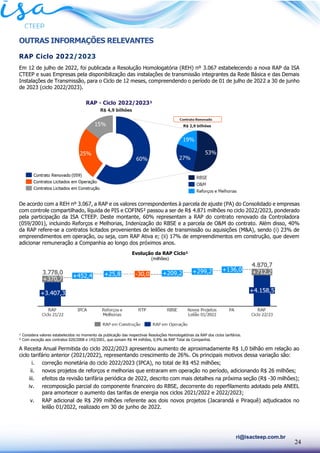 24
ri@isacteep.com.br
OUTRAS INFORMAÇÕES RELEVANTES
RAP Ciclo 2022/2023
Em 12 de julho de 2022, foi publicada a Resolução Homologatória (REH) nº 3.067 estabelecendo a nova RAP da ISA
CTEEP e suas Empresas pela disponibilização das instalações de transmissão integrantes da Rede Básica e das Demais
Instalações de Transmissão, para o Ciclo de 12 meses, compreendendo o período de 01 de julho de 2022 a 30 de junho
de 2023 (ciclo 2022/2023).
De acordo com a REH nº 3.067, a RAP e os valores correspondentes à parcela de ajuste (PA) do Consolidado e empresas
com controle compartilhado, líquida de PIS e COFINS² passou a ser de R$ 4.871 milhões no ciclo 2022/2023, ponderado
pela participação da ISA CTEEP. Deste montante, 60% representam a RAP do contrato renovado da Controladora
(059/2001), incluindo Reforços e Melhorias, Indenização do RBSE e a parcela de O&M do contrato. Além disso, 40%
da RAP refere-se a contratos licitados provenientes de leilões de transmissão ou aquisições (M&A), sendo (i) 23% de
empreendimentos em operação, ou seja, com RAP Ativa e; (ii) 17% de empreendimentos em construção, que devem
adicionar remuneração a Companhia ao longo dos próximos anos.
¹ Considera valores estabelecidos no momento da publicação das respectivas Resoluções Homologatórias da RAP dos ciclos tarifários.
² Com exceção aos contratos 020/2008 e 143/2001, que somam R$ 44 milhões, 0,9% da RAP Total da Companhia.
A Receita Anual Permitida do ciclo 2022/2023 apresentou aumento de aproximadamente R$ 1,0 bilhão em relação ao
ciclo tarifário anterior (2021/2022), representando crescimento de 26%. Os principais motivos dessa variação são:
i. correção monetária do ciclo 2022/2023 (IPCA), no total de R$ 452 milhões;
ii. novos projetos de reforços e melhorias que entraram em operação no período, adicionando R$ 26 milhões;
iii. efeitos da revisão tarifária periódica de 2022, descrito com mais detalhes na próxima seção (R$ -30 milhões);
iv. recomposição parcial do componente financeiro do RBSE, decorrente do reperfilamento adotado pela ANEEL
para amortecer o aumento das tarifas de energia nos ciclos 2021/2022 e 2022/2023;
v. RAP adicional de R$ 299 milhões referente aos dois novos projetos (Jacarandá e Piraquê) adjudicados no
leilão 01/2022, realizado em 30 de junho de 2022.
Evolução da RAP Ciclo¹
(milhões)
 