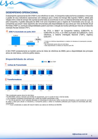 6
ri@isacteep.com.br
DESEMPENHO OPERACIONAL
O desempenho operacional da ISA CTEEP é uma referência no setor. A Companhia realiza de forma constante e minuciosa
a gestão de seus indicadores operacionais com destaque para o Índice de Energia Não Suprida (“IENS”), obtido pela
relação entre o total de energia não suprida durante todas as ocorrências no ano e o total da demanda de energia suprida
pela Companhia. A gestão adequada do IENS é de suma importância para o negócio de Transmissão uma vez que, as
companhias que atuam nesse segmento são remuneradas pela disponibilidade de seus ativos por meio da Receita Anual
Permitida (“RAP”) e, eventuais indisponibilidades podem acarretar a redução da receita auferida por meio de um desconto
chamado Parcela Variável (“PV”).
No 2T23, o IENS¹² da Companhia totalizou 0,000147% vs.
0,000154% no 2T22, e um IENS acumulado de 0,000351%. Como
referência, o Sistema Interligado Nacional (“SIN”), registrou
0,0012%³.
¹ O índice de referência disponibilizado no relatório de indicadores de desempenho calculado
pelo ONS.
² são considerados apenas ativos da rede básica.
³ Dado disponibilizado no relatório de maio/2023 pelo SIN.
A ISA CTEEP constantemente se mantém acima do índice de referência da ANEEL para a disponibilidade dos principais
ativos da rede básica, conforme gráfico abaixo.
Disponibilidade de ativos
*São considerados apenas ativos da rede básica
**O ONS/ANEEL calcula o indicador para famílias de equipamento, que é a junção do tipo e nível de tensão.
***Os resultados consolidados apresentados são a média das famílias subordinadas a elas.
**** No mês de setembro, foram realizadas alterações na metodologia de cálculo para melhor acurácia dos indicadores, a qual consiste em, ao invés
de utilizar o SIGO para calcular os indicadores, a Companhia passou a utilizar os resultados publicados para funções de transmissão pelo ONS,
mensalmente.
***** Foram considerados os dados até maio/23 relativo aos valores de referência do SIN/ONS
 