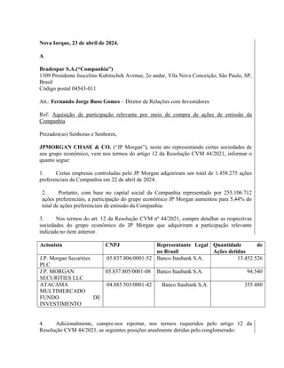 Nova Iorque, 23 de abril de 2024.
A
Bradespar S.A.(“Companhia”)
1309 Presidente Juscelino Kubitschek Avenue, 2o andar, Vil...