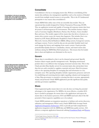 Consolidate
Consolidation is the key to managing master data. Without consolidating all the
master data attributes, key management capabilities such as the creation of blended
records from multiple trusted sources is not possible. This is the #1 fundamental
prerequisite to true master data consolidation8.
Consolidation is the key to managing
master data, and a logical and physical
model that can hold the master data is a
prerequisite to true consolidation.
Oracle MDM Hubs utilize state-of-the-art extensible data models. They are
operational data models designed for OnLine Transaction Processing (OLTP).
They are application neutral and capable of housings all corporate master data from
all systems in all heterogeneous IT environments. This includes business objects
such as Customer, Supplier, Distributor, Partner, Site, Product, Assets, Installed
Base and more. The models support all the master data that drives a business, no
matter what systems source the master data fragments. This includes (but is not
limited to) SAP, Siebel, JD Edwards, PeopleSoft, Oracle E-Business Suite,
Microsoft, Acxiom, Dun & Bradstreet (D&B), billing systems, homegrown systems,
and legacy systems. Tools to load the data are also provided. Scalable batch load
tools manage the history and mappings from source systems. Oracle provides
powerful Data Quality Servers to standardize, cleanse, and match master data
attributes during the MDM Data Hub load process. This insures that the loaded
data is clean and duplicates are eliminated on the way in.
Govern
Master data is consolidated so that it can be cleansed and governed. Specific
business objects require specific management tools. Managing unstructured
product data is very different than managing structured customer data. This is why
Oracle provides Data Quality servers for customer/party data and product/item
data that are easily extended to suppliers, materials and assets. Data Governance
refers to the operating discipline for managing data and information as a key
enterprise asset. This operating discipline includes organization, processes and tools
for establishing and exercising decision rights regarding valuation and management
of data. Data governance is essential to ensuring that data is accurate, appropriately
shared, and protected. Oracle MDM applications provide significant data quality
and data governance capabilities.
A sound data governance strategy not only
aligns business and IT to address data
issues; but also, defines data ownership
and policies, data quality processes,
decision rights and escalation
procedures9.
Share
Clean augmented quality master data in its own silo does not bring the potential
advantages to the organization. For MDM to be most effective, a modern SOA
layer is needed to propagate the master data to the applications and expose the
master data to the business processes. SOA and MDM need each other if the full
potential of their respective capabilities are to be realized.
Oracle MDM maintains an integration repository to facilitate web service discovery,
utilization, and management. What’s more, Oracle MDM Hubs leverage Oracle
Application Integration Architecture (AIA) to provide pre-built comprehensive
application integration with the MDM data and MDM data quality services. AIA
delivers a composite application framework utilizing Foundation Packs and Process
8 Global Single Schema, September 2008, URL
Master Data Management 15
9 How Technology Enables Data Governance, An Oracle and First San Francisco Partners Whitepaper,
December 2009, URL
 