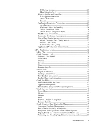 Publishing Services............................................................................21 
Data Migration Services....................................................................21 
High Availability and Scalability............................................................22 
Real Application Clusters .................................................................22 
Mixed Workloads...............................................................................22 
Exadata................................................................................................22 
Application Integration Architecture ...................................................23 
AIA Layers..........................................................................................23 
Common Object Methodology .......................................................24 
MDM Foundation Packs..................................................................24 
MDM Process Integration Packs ....................................................24 
MDM Aware Applications.....................................................................25 
Composite Application Development .................................................25 
Oracle Data Quality Services.................................................................25 
Oracle Customer Data Quality Servers ..........................................27 
Product Data Quality ........................................................................29 
End-To-End Data Quality ...............................................................31 
Application Development Environment.............................................32 
MDM Applications Layer ..............................................................................32 
MDM Pillars ................................................................................................32 
Oracle Customer Hub................................................................................33 
Customer Data Model............................................................................34 
Consolidate...............................................................................................35 
Cleanse......................................................................................................36 
Govern......................................................................................................36 
Share..........................................................................................................38 
Business Benefits.....................................................................................39 
Product Hub................................................................................................39 
Import Workbench.................................................................................40 
Catalog Administration ..........................................................................41 
New Product Introduction ....................................................................41 
Product Data Synchronization..............................................................41 
Oracle Site Hub...........................................................................................42 
Golden Record for Site Data.................................................................43 
Application Integration ..........................................................................43 
Effective Site Analysis and Google Integration..................................43 
Oracle Supplier Hub...................................................................................45 
Consolidate...............................................................................................45 
Cleanse......................................................................................................46 
Govern......................................................................................................46 
Share..........................................................................................................46 
Supplier Lifecycle Management ............................................................46 
Business Benefits.....................................................................................46 
Oracle Hyperion Data Relationship Management.................................47 
Automated Attribute Management.......................................................48 
Best-of-Breed Hierarchy Management ................................................49 
Integration with Operational and Workflow Systems.......................49 
Import, Blend, and Export to Synchronize Master Data..................49 
Versioning and Modeling Capabilities to Improve Analysis.............50 
Master Data Management iii
 