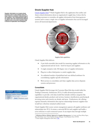 Oracle Supplier Hub
Supplier information is an asset whose
business value is best realized when the
buyer attains a complete understanding of
his suppliers. This understanding ought to
be replete with inter-relationships between
suppliers and an accurate repository that
is devoid of duplication and ambiguity33
.
Oracle Supplier Hub34 Oracle Supplier Hub is the application that unifies and
shares critical information about an organization's supply base. It does this by
enabling customers to centralize all supplier information from heterogeneous
systems and to create a single view of supplier information that can be leveraged
across all functional departments.
Supplier Hub capabilities
Oracle Supplier Hub delivers:
• A pre-built extensible data model for mastering supplier information at the
organizational and site levels - both for buyers and suppliers
• A single enterprise wide 360-degree view of supplier information
• Plug-ins to allow third parties to enrich supplier data
• An unlimited number of predefined and user-defined attributes for
consolidating supplier-specific information
• Web services to consolidate and share supplier data across disparate
systems and processes
Consolidate
Oracle Supplier Hub leverages the Customer Data Hub data model called the
Trading Community Architecture (TCA). It adds advanced procurement
capabilities to provide a rich data model that includes attribute categories like
organizational details, products and services, business classifications, purchasing &
invoicing terms and controls, tax details, and more. Furthermore, the offering
captures hierarchy information that exposes relationships between suppliers that
would have otherwise remained undiscovered.
Oracle Supplier Hub source system management captures all supplier attributes and
relationships into TCA. It creates a universal ID for each supplier and builds a
cross reference to each connected system. It can import data through multiple
33 A Business-Driven, Holistic Approach to Supplier Management, An Oracle and Patni White Paper,
May 2010, Basier Aziz, Oracle Product Strategy Manager, Vinod Badami, Patni AVP BI
34 Oracle Supplier Management Data Sheet, URL
Master Data Management 45
 