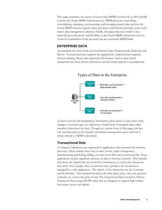 This paper examines: the nature of master data; MDM’s central role in SOA and BI
systems; the Oracle MDM Architecture; key MDM processes of profiling,
consolidating, managing, synchronizing, and leveraging master data and how the
Oracle MDM solution supports these processes; and Oracle’s portfolio of pre-built
master data management solutions. Finally, this paper discusses build vs. buy
tradeoffs given the power and flexibility in the Oracle MDM architecture and out-
of-the-box capabilities of the pre-built and pre-connected MDM Hubs.
ENTERPRISE DATA
An enterprise has three kinds of actual business data: Transactional, Analytical, and
Master. Transactional data supports the applications. Analytical data supports
decision-making. Master data represents the business objects upon which
transactions are done and the dimensions around which analysis is accomplished.
Types of Data in the Enterprise
Enterprise
Data
• Describes an Enterprise’s
Performance
Analytical
Data
• Describes an Enterprise’s
Business Entities
Master
Data
Transactional
Data • Describes an Enterprise’s
Operational State
As data is moved and manipulated, information about where it came from, what
changes it went through, etc. represents a fourth kind of enterprise data called
metadata (data about the data). Though not a prime focus of this paper, the key
role metadata plays in the broader information management space and how it
relates directly to MDM is described.
Transactional Data
A company’s operations are supported by applications that automate key business
processes. These include areas such as sales, service, order management,
manufacturing, purchasing, billing, accounts receivable and accounts payable. These
applications require significant amounts of data to function correctly. This includes
data about the objects that are involved in transactions, as well as the transaction
data itself. For example, when a customer buys a product, the transaction is
managed by a sales application. The objects of the transaction are the Customer
and the Product. The transactional data is the time, place, price, discount, payment
methods, etc. used at the point of sale. The transactional data is stored in OnLine
Transaction Processing (OLTP) tables that are designed to support high volume
low latency access and update.
Master Data Management 4
 