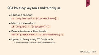 SOA Routing: key tools and techniques
● Choose a backend:
set req.backend = {{backendName}};
● Match a route pattern:
if (...