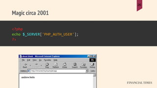 Magic circa 2001
26
<?php
echo $_SERVER['PHP_AUTH_USER'];
?>
http://intranet/my/example/app
 