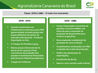  Contra importações crescentes de
petróleo o Governo Militar cria
estímulo para a expansão da
produção de álcool anidro para
mistura na gasolina;
 Nova expansão considerável da
produção de cana no Brasil;
 Investimentos continuados em P&D
e redução dos custos de produção;
 Política de substituição de
importações;
 Excedentes de álcool;
 Nasce o carro movido 100% a álcool.
3
Fases: 1970 à 1980 – O mais rico momento
AgroindústriaCanavieirado Brasil
 Grande investimento em
infraestrutura e estrutura para P&D
(governo/setor privado) graças aos
preços altíssimos do açúcar no
mercado internacional – Fundo de
Exportação no IAA;
 1º Choque do Petróleo (1973);
 Baixos preços internacionais do
açúcar já em 1974/75 e forte
crescimento da produção face
pesados investimentos financiados
pelo Governo Federal (excedentes);
 Criação do ProÁlcool.
1970 - 1975 1976 - 1980
 