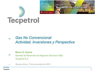 Tecpetrol 1
Gas No Convencional
Actividad, Inversiones y Perspectiva
Mauro G. Soares
Gerente de Desarrollo de Negocios Servicios O&G
Tecpetrol S.A.
Buenos Aires, 17 de noviembre de 2015
 