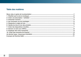 Table des matières

    Steve Jobs, le génie de la présentation���������������������������������������������������������������������������������������������������������������� 1
    1 : Planifier par la voie en analogue����������������������������������������������������������������������������������������������������������������������� 2
    2 : Créer une description « twittable »������������������������������������������������������������������������������������������������������������������� 3
    3 : Présenter l’ennemi��������������������������������������������������������������������������������������������������������������������������������������������� 4
    4 : Se concentrer sur les avantages���������������������������������������������������������������������������������������������������������������������� 5
    5 : Respecter la règle de trois�������������������������������������������������������������������������������������������������������������������������������� 6
    6 : Vendre du rêve et non des produits������������������������������������������������������������������������������������������������������������������ 7
    7 : Créer des diapositives visuelles����������������������������������������������������������������������������������������������������������������������� 7
    8 : Donner un sens aux chiffres������������������������������������������������������������������������������������������������������������������������������ 8
    9 : Employer des mots marquants������������������������������������������������������������������������������������������������������������������������� 8
    10 : Créer des moments de surprise��������������������������������������������������������������������������������������������������������������������� 9
    Un dernier tuyau : beaucoup s‘entraîner�������������������������������������������������������������������������������������������������������������10
    À propos de Carmine Gallo����������������������������������������������������������������������������������������������������������������������������������11




B
 