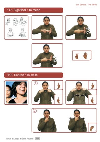Los Verbos / The Verbs

 117- Significar / To mean




 118- Sonreír / To smile

                                     1




                                     2




Manual de Lengua de Señas Peruanas       372
 