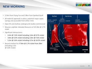 ASX:WSAASX:WSAASX:WSA
NEW MORNING
 2.5km from Flying Fox and 2.8km from Spotted Quoll
 All material approvals in place, potential major capex
savings and accessible from either mine
 Open Pit and shallow underground studies commenced
 Massive sulphide Indicated Resource of 321.8kt @ 3.7%
nickel
 Significant intersections:
 4.4m @ 7.4% nickel including 3.6m @ 8.7% nickel
 3.0m @ 6.3% nickel including 2.4m @ 7.6% nickel
 1.5m @ 5.6% nickel including 0.7m @ 10.2% nickel
 Recent shallow hit of 54m @ 1.7% nickel from 38m
(including 2.5m
@ 5.0% nickel)
38
 