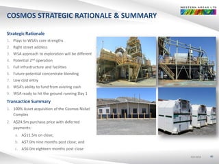 ASX:WSAASX:WSAASX:WSA
COSMOS STRATEGIC RATIONALE & SUMMARY
Strategic Rationale
1. Plays to WSA’s core strengths
2. Right street address
3. WSA approach to exploration will be different
4. Potential 2nd operation
5. Full infrastructure and facilities
6. Future potential concentrate blending
7. Low cost entry
8. WSA’s ability to fund from existing cash
9. WSA ready to hit the ground running Day 1
Transaction Summary
1. 100% Asset acquisition of the Cosmos Nickel
Complex
2. A$24.5m purchase price with deferred
payments:
a. A$11.5m on close;
b. A$7.0m nine months post close; and
c. A$6.0m eighteen months post close
40
 