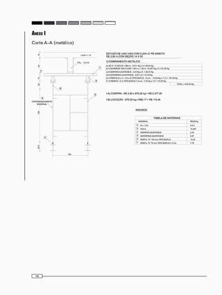 CONTRAVENTAMETO
D I A G O N A L 
C
E S T U D O D E U M A V I G A C O M 5 . 2 0 m C P É D I R E I T O
D E 2.80 m C O M S E Ç Ã O 14 X 5 5
I) C I M B R A M E N T O M E T Á L I C O
a)4DX 1.5 ACOM 1.884 m-5.011 Kgx4-20.WKg
b) 4 QUADROS TS4.ACOM 1.00 m * 1.Í0 m .15.367 Kg x 4 • 61,50 Kg
c) 8 SAPATAS AJUSTÁVEIS • 343 Kg x 8 • 26 72 Kg
ó) 8 SUPORTES AJUSTÁVEIS -597 x 8 • 47,76 Kg
*) 4 PERFIS (2 x 2 • 3,5 x 2» TIPO DUPLO 15 cm -1520 Kg x 11.0 • 167 20 Kg
f) 10PERUS 1.5 m TIPO DUPLO 7.5 <m-7.70 Kg x 10» 115.50Kg
TOTAL • 679 20 Kg
l - A ) C O M P R A • RS 3.50 x 679.20 k g = RS 2 377.20
l-B) L O C A Ç Ã O - 6 7 9 . 2 0 k g x RS0.17 = RS 115.46
I N S U M O S
T A B E L A D E M A T E R I A I S
MATERIAL PtSO'«g
1 0x1.5 A 5.011
" TS4-A 15.367
c SAPATAS AJUSTÁVEIS 3.34
<* SUPORTESAJUSTAVEIS 5.97
" PERFIL-U-150 mm TIPO CUPLO 15.20
f PERFIL "U" 75 mrr) TIPO OUPLO (1.5 m> 7.70
1 0 0
 