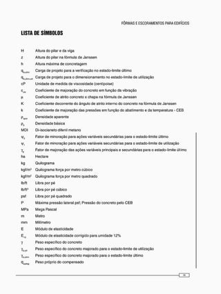 LISTA DE SÍMBOLOS
H Altura do pilar e da viga
z Altura do pilar na fórmula de Janssen
h Altura máxima de concretagem
qd Carga de projeto para a verificação no estado-limite último
qa u.m.. Carga de projeto para o dimensionamento no estado-limite de utilização
cP Unidade de medida de viscosidade (centipoise)
cvib Coeficiente de majoração do concreto e m função da vibração
li Coeficiente de atrito concreto x chapa na fórmula de Janssen
K Coeficiente decorrente do ângulo de atrito interno do concreto na fórmula de Janssen
k Coeficiente de majoração das pressões e m função do abatimento e da temperatura - CEB
Papar Densidade aparente
pD Densidade básica
MDI Di-isocianeto difenil metano
v|/0 Fator de minoração para ações variáveis secundárias para o estado-limite último
j/, Fator de minoração para ações variáveis secundárias para o estado-limite de utilização
yg Fator de majoração das ações variáveis principais e secundárias para o estado-limite úl:imo
ha Hectare
kg Quilograma
kgf/m3 Quilograma força por metro cúbico
kgf/m2 Quilograma força por metro quadrado
Ib/ft Libra por pé
lb/ft3 Libra por pé cúbico
psf Libra por pé quadrado
P Máxima pressão lateral psf; Pressão do concreto pelo C E B
MPa M e g a Pascal
m Metro
m m Milímetro
E Módulo de elasticidade
E12 Módulo de elasticidade corrigido para umidade 12%
Y Peso específico do concreto
Y0 ^, Peso específico do concreto majorado para o estado-limite de utilização
Yd.utm P e s o específico do concreto majorado para o estado-limite último
q Peso próprio do compensado
 