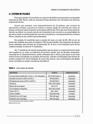 4.1 ESTUDO DE PILARES
Para esse estudo, foi escolhido um c o n j u n t o de edifícios p e r t e n c e n t e a u m a grande
e m p r e s a de S ã o Paulo, o n d e as m e s m a s f ô r m a s d e v e r i a m ser utilizadas nos diversos
e m p r e e n d i m e n t o s .
A s s i m , por e x e m p l o , n u m e m p r e e n d i m e n t o de 12 p r é d i o s , c o m n ú m e r o de
p a v i m e n t o s variados, p r o c u r o u - s e m a n t e r a m e s m a s e ç ã o de c o n c r e t o e m t o d o s os
pilares, a i n d a que e s s e s t i v e s s e m s o l i c i t a ç õ e s diferentes. Para que isso f o s s e possível,
d e c i d i u - s e alterar no projeto e s t r u t u r a l a r e s i s t ê n c i a do c o n c r e t o e as q u a n t i d a d e s de
a ç o para m a n t e r a m e s m a s e ç ã o de c o n c r e t o nos pilares e, c o n s e q ü e n t e m e n t e , a m e s m a
fôrma, v i s a n d o ao seu m e l h o r a p r o v e i t a m e n t o .
D o projeto, foi e s c o l h i d o para o e s t u d o de c a s o u m pilar de 20 x 80 c m por se
t r a t a r das m e d i d a s que m a i s se r e p e t e m (178 vezes/unidade). Dez h i p ó t e s e s de estudo
f o r a m a d o t a d a s para f ô r m a s de c o m p e n s a d o de 18 m m e u m a h i p ó t e s e para f ô r m a
m e t á l i c a locada, no total de 11 h i p ó t e s e s .
A s 11 h i p ó t e s e s do e s t u d o p r e s s u p õ e m que as o b r a s no e m p r e e n d i m e n t o terão
u m a s e q ü ê n c i a , ou seja, os m a t e r i a i s do p r i m e i r o prédio c o m as devidas reposições,
n e c e s s á r i a s no d e s e n v o l v i m e n t o , s e r ã o utilizados até o último, pois a s s i m e por esse
m o t i v o f o r a m c o n c e b i d o s os p r o j e t o s e s t r u t u r a i s , v i s a n d o à reutilização d a s f ô r m a s de
m a n e i r a s e q ü e n c i a l . Para avaliação do c u s t o dos pilares, nas c o m b i n a ç õ e s e s t u d a d a s
f o r a m u t i l i z a d o s os d a d o s c o n s t a n t e s da t a b e l a 4.
Tabela 4 - Custo unitário de materiais.
MATERIAL CUSTO OBSERVAÇÕES
C o m p e n s a d o plastificado 18 m m => 20 utilizações RS 78,00/chapa O Aquisição
Sarrafos de pínus 0,025 X 0,075 m RS 400,00/m3 Aquisição
Pontaletes de pínus 0,075 X 0,075 m RS 400,00/m3 Aquisição
Tensores R$3,19/unidade Aquisição
Barras de ancoragem R $ 1 5 , 1 3 Aquisição
C o n e plástico (chupetas) RS 0,03/unidade Aquisição
Tubo P V C RS 1,00/m Aquisição
Painel metálico RS 0,60m2 /dia Locação
Perfil ][ 2 ' c o m 2,07 kg/m RS 3,50 kg/m Aquisição
Perfil ][ 3 ' c o m 2,48 kg/m RS 3,50 kg/m Aquisição
(•) área de cada chapa de madeira compensada = 2,9768 m ;
Fonte: Elaborada pelo autor
 