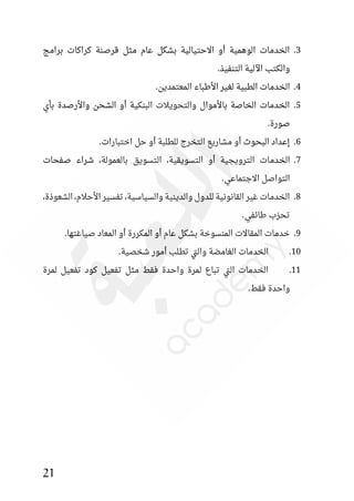 21
3
.
‫برامج‬ ‫كراكات‬ ‫قرصنة‬ ‫مثل‬ ‫عام‬ ‫بشكل‬ ‫االحتيالية‬ ‫أو‬ ‫الوهمية‬ ‫الخدمات‬
.‫التنفيذ‬ ‫اآللية‬ ‫والكتب‬
4
.
.‫المعتمدين‬ ‫األطباء‬ ‫لغير‬ ‫الطبية‬ ‫الخدمات‬
5
.
‫بأي‬ ‫واألرصدة‬ ‫الشحن‬ ‫أو‬ ‫البنكية‬ ‫والتحويالت‬ ‫باألموال‬ ‫الخاصة‬ ‫الخدمات‬
.‫صورة‬
6
.
.‫اختبارات‬ ‫حل‬ ‫أو‬ ‫للطلبة‬ ‫التخرج‬ ‫مشاريع‬ ‫أو‬ ‫البحوث‬ ‫إعداد‬
7
.
‫الخدم‬
‫صفحات‬ ‫شراء‬ ،‫بالعمولة‬ ‫التسويق‬ ،‫التسويقية‬ ‫أو‬ ‫الترويجية‬ ‫ات‬
.‫االجتماعي‬ ‫التواصل‬
8
.
،‫الشعوذة‬ ،‫األحالم‬ ‫تفسير‬ ،‫والسياسية‬ ‫والدينية‬ ‫للدول‬ ‫القانونية‬ ‫غير‬ ‫الخدمات‬
.‫طائفي‬ ‫تحزب‬
9
.
.‫صياغتها‬ ‫المعاد‬ ‫أو‬ ‫المكررة‬ ‫أو‬ ‫عام‬ ‫بشكل‬ ‫المنسوخة‬ ‫المقاالت‬ ‫خدمات‬
10
.
‫ش‬ ‫أمور‬ ‫تطلب‬ ‫تي‬‫ل‬‫وا‬ ‫الغامضة‬ ‫الخدمات‬
.‫خصية‬
11
.
‫لمرة‬ ‫تفعيل‬ ‫كود‬ ‫تفعيل‬ ‫مثل‬ ‫فقط‬ ‫واحدة‬ ‫لمرة‬ ‫تباع‬ ‫تي‬‫ل‬‫ا‬ ‫الخدمات‬
.‫فقط‬ ‫واحدة‬
 