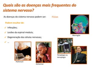 Quais são as doenças mais frequentes do
sistema nervoso?
As doenças do sistema nervoso podem ser:   Físicas

 Podem resultar de:

 Infecções;
 Lesões da espinal medula;
                                                                Meningite
 Degeneração das células nervosas;

 …




                                                Paraplegia ou
                                                tetraplegia

           Parkinson
                              Alzheimer
 