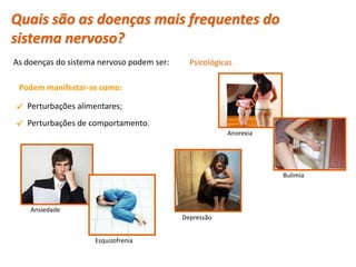 Quais são as doenças mais frequentes do
sistema nervoso?
As doenças do sistema nervoso podem ser:     Psicológicas

 Podem manifestar-se como:

 Perturbações alimentares;
 Perturbações de comportamento.
                                                       Anorexia




                                                                  Bulimia



     Ansiedade
                                           Depressão


                           Esquizofrenia

 Planeta Terra — 9.º ano
 