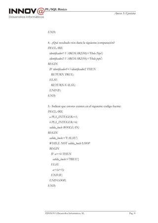 PL/SQL Básico
Anexo 3: Ejercicios
INNOVA Desarrollos Informáticos, SL Pág. 99
END;
4.- ¿Qué resultado nos daría la siguiente comparación?
DECLARE
identificador1 VARCHAR2(10):='Hola Pepe';
identificador2 VARCHAR2(10):='Hola pepe';
BEGIN
IF identificador1<>identificador2 THEN
RETURN TRUE;
ELSE
RETURN FALSE;
END IF;
END;
5.- Indicar que errores existen en el siguiente código fuente:
DECLARE
a PLS_INTEGER:=1;
b PLS_INTEGER:=6;
salida_bucle BOOLEAN;
BEGIN
salida_bucle:='FALSE';
WHILE NOT salida_bucle LOOP
BEGIN
IF a>=b THEN
salida_bucle:='TRUE';
ELSE
a:=(a+1);
END IF;
END LOOP;
END;
 