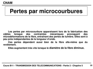 20
CNAM
Cours B11 - TRANSMISSION DES TELECOMMUNICATIONS - Partie 2 - Chapitre 5
Les pertes par microcourbure apparaissent lors de la fabrication des
câbles lorsque des contraintes mécaniques provoquent des
microdéformations de la fibre, entraînant des pertes de lumière. Elles sont à
peu près indépendantes de la longueur d’onde.
Ces pertes dépendent aussi bien de la fibre elle-même que du
revêtement.
Elles augmentent très vite lorsque le diamètre de la fibre diminue.
Pertes par microcourbures
 