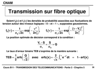 38
CNAM
Cours B11 - TRANSMISSION DES TELECOMMUNICATIONS - Partie 2 - Chapitre 5
Soient f0(ν
ν
ν
ν) et f1(ν
ν
ν
ν) les densités de probabilité associées aux fluctuations de
tension autour des niveaux logiques « 0 » et « 1 », supposées gaussiennes.
La position optimale de décision correspond à la condition :
Le taux d’erreur binaire TEB s’exprime de la manière suivante :
f0 ν
ν
ν
ν
(
(
(
( )
)
)
) =
=
=
=
1
σ
σ
σ
σ0 2π
π
π
π
exp −
−
−
−
ν
ν
ν
ν2
2σ
σ
σ
σ0
2























, f1 ν
ν
ν
ν
(
(
(
( )
)
)
) =
=
=
=
1
σ
σ
σ
σ1 2π
π
π
π
exp −
−
−
−
ν
ν
ν
ν −
−
−
−V1
(
(
(
( )
)
)
)
2
2σ
σ
σ
σ1
2
































V1 −
−
−
− S
σ
σ
σ
σ1
=
=
=
=
S
σ
σ
σ
σ0
=
=
=
= Q
TEB =
=
=
=
1
2
erfc
Q
2























 avec erfc x
(
(
(
( )
)
)
) =
=
=
=
2
π
π
π
π
e−
−
−
− t2
x
∞
∞
∞
∞
∫
∫
∫
∫ dt =
=
=
= 1−
−
−
− erf x
(
(
(
( )
)
)
)
Transmission sur fibre optique
 