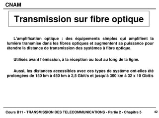 42
CNAM
Cours B11 - TRANSMISSION DES TELECOMMUNICATIONS - Partie 2 - Chapitre 5
L’amplification optique : des équipements simples qui amplifient la
lumière transmise dans les fibres optiques et augmentent sa puissance pour
étendre la distance de transmission des systèmes à fibre optique.
Utilisés avant l’émission, à la réception ou tout au long de la ligne.
Aussi, les distances accessibles avec ces types de système ont-elles été
prolongées de 150 km à 450 km à 2,5 Gbit/s et jusqu’à 300 km à 32 x 10 Gbit/s
Transmission sur fibre optique
 